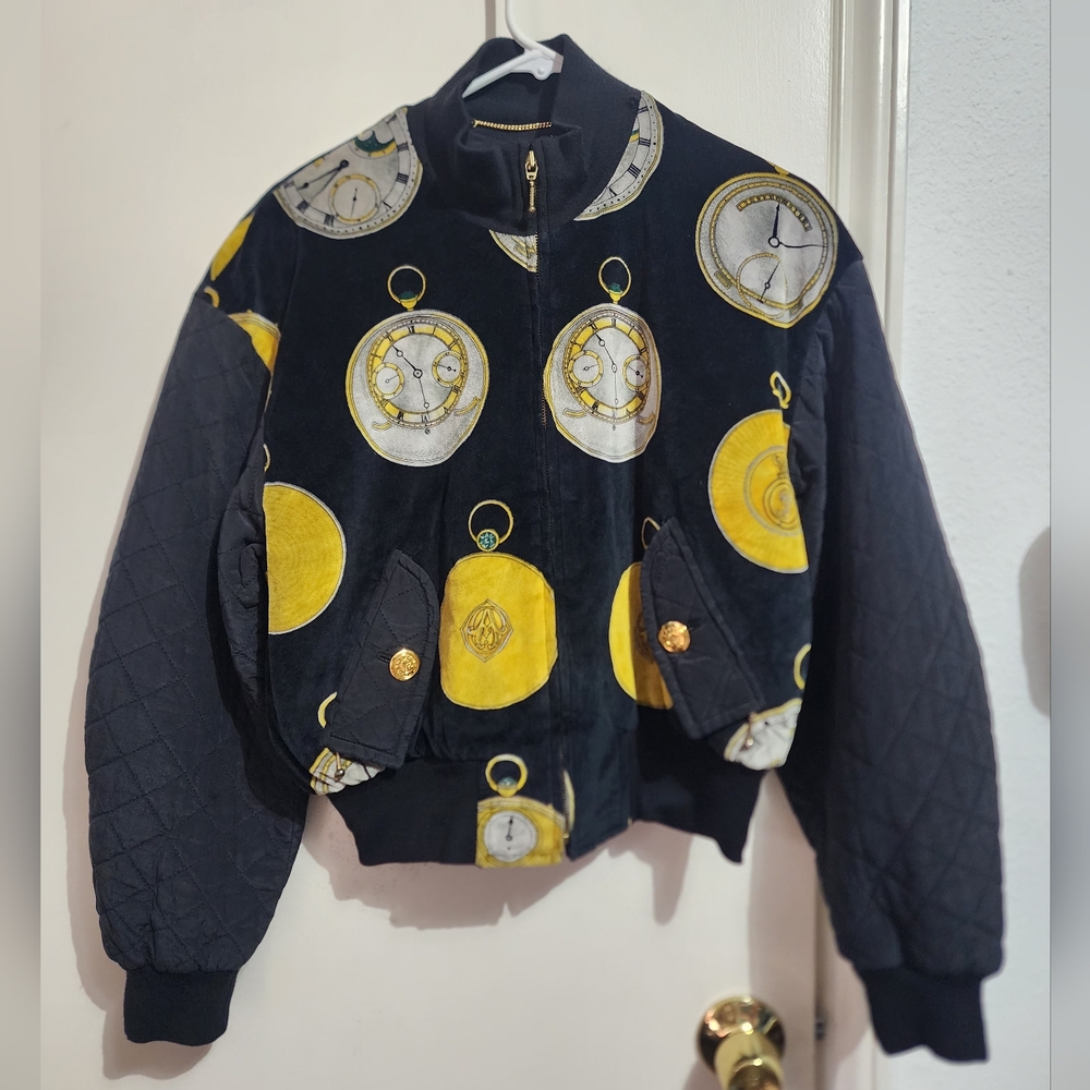 Escada Margaretha Ley Women Jacket M Vintage Velour Bomber Watch Print Black